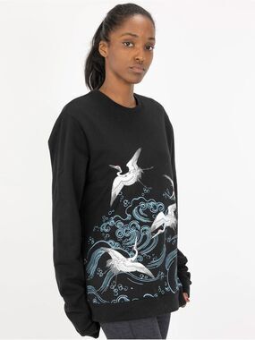 Blind Rooster Cranes and Waves Graphic Black Crewneck Sweatshirt Size Medium